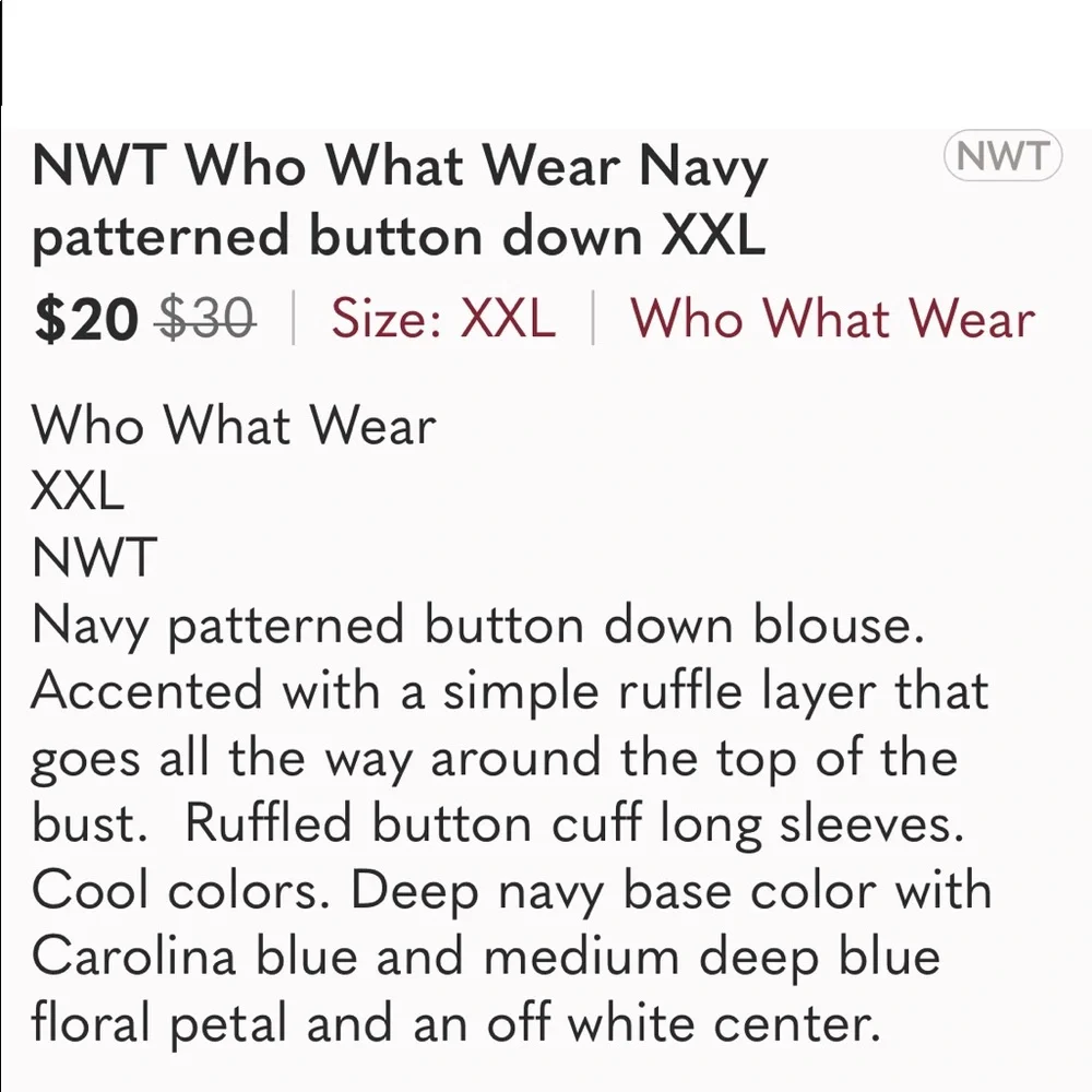 NWT Who What Wear Navy patterned button down XXL - Picture 9 of 9